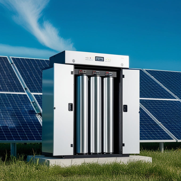 A modern, sleek battery storage system with silver cylindrical cells, surrounded by a grid of photovoltaic solar panels, set against a bright blue sky with a few wispy clouds.