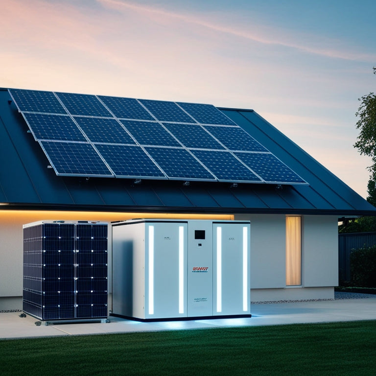 A modern, sleek home with a rooftop solar panel array, a large battery unit installed on the side of the house, and a subtle glow of LED lights indicating energy storage.