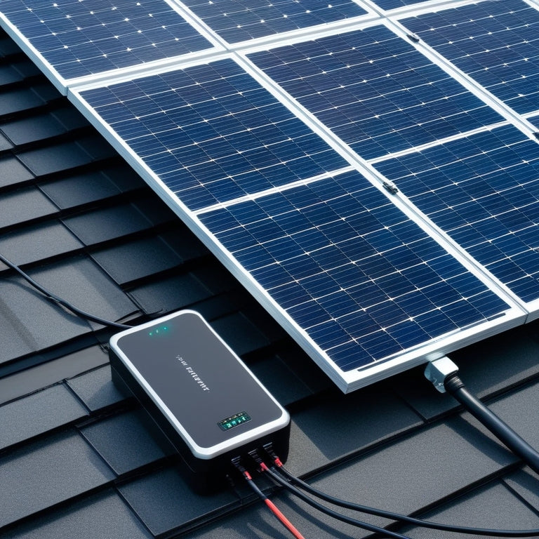 A modern, sleek rooftop solar panel array with 12 panels angled at 30 degrees, connected to a compact, black lithium-ion battery pack with metallic casing and LED indicator lights.
