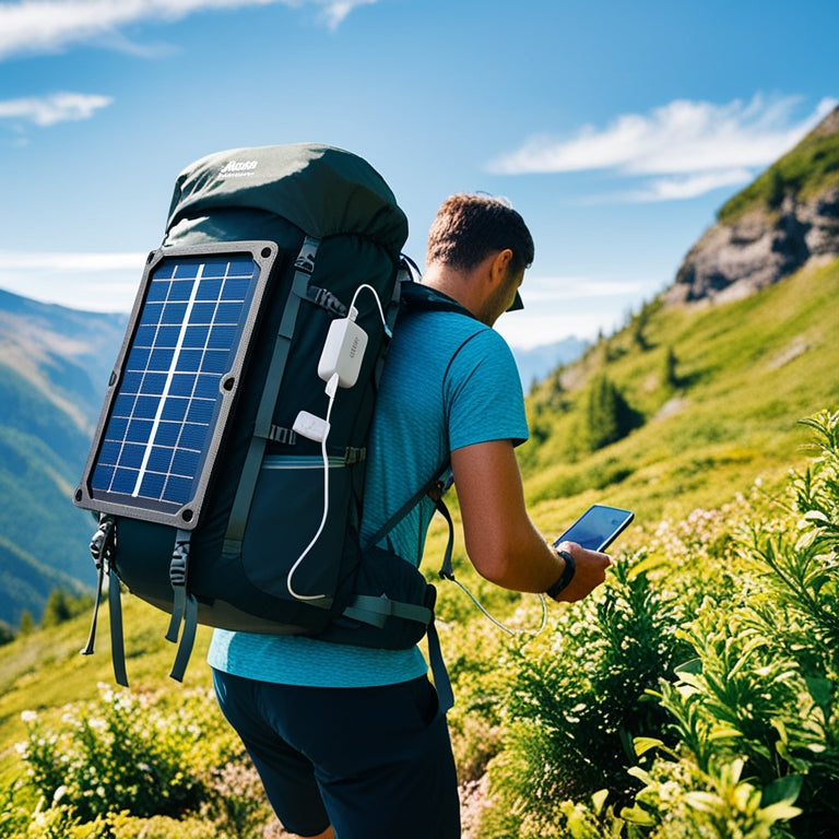 A person hiking in a mountainous landscape with a backpack featuring built-in solar panels, charging a portable device, surrounded by lush greenery and a sunny sky with a few wispy clouds.