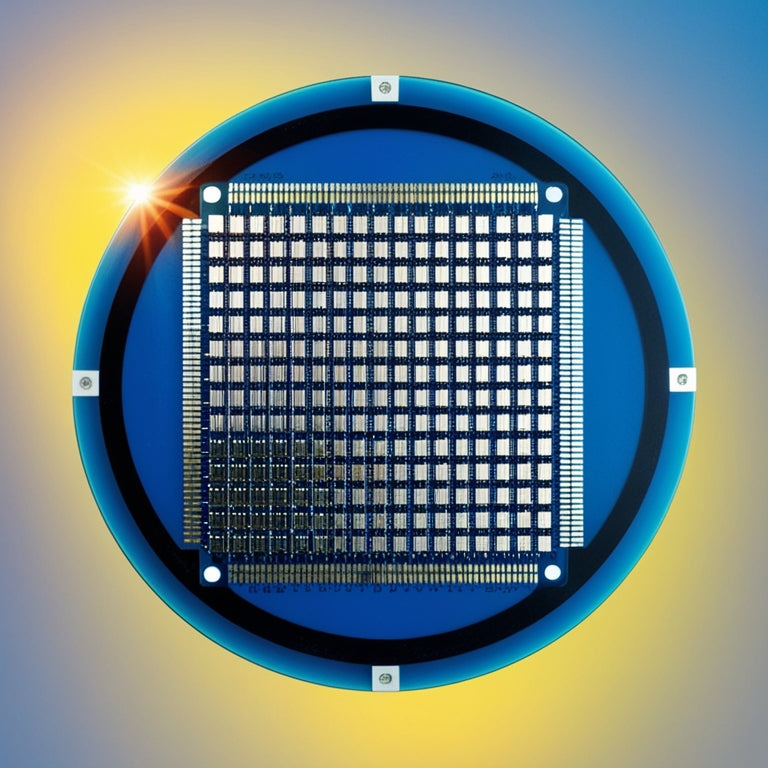 A photorealistic depiction of a solar cell's intricate structure: a grid of tiny squares with metallic contacts, surrounded by a blue-tinted silicon wafer, set against a subtle gradient of sunny yellow and blue hues.