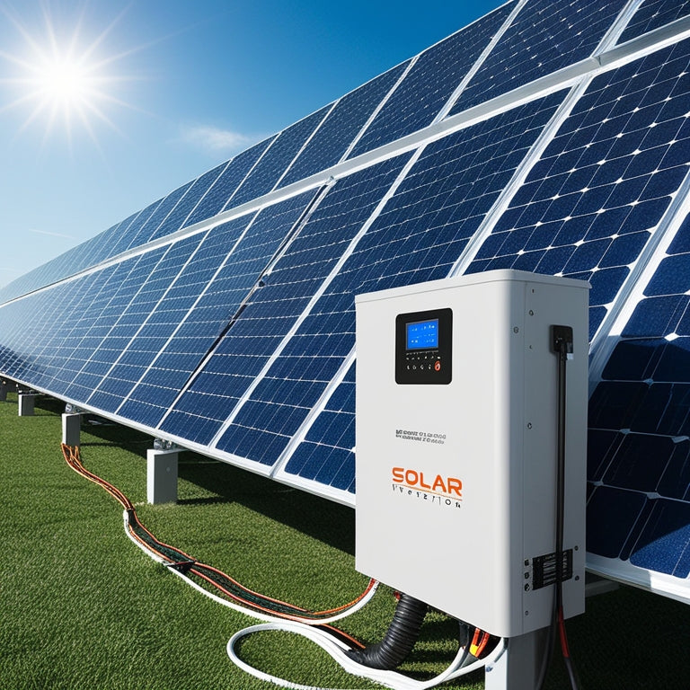A photorealistic depiction of a solar generating system: rows of sleek, silver panels angled towards a bright blue sky, connected to a modern, white inverter box with wires and cables.