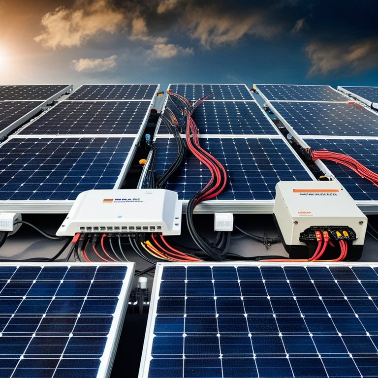 A photorealistic illustration of a rooftop solar panel array with various wires, connectors, and inverters, showcasing a complex yet organized wiring system with cables neatly labeled and routed.