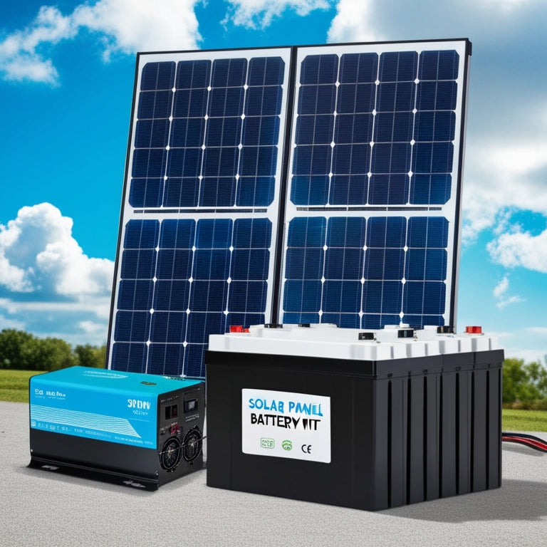A photorealistic image depicting a sleek, modern solar panel battery kit with four 300-watt panels, a 10 kWh battery, and a compact inverter, set against a bright blue sky with fluffy white clouds.