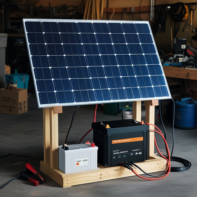 A photorealistic image of a DIY solar generator setup, featuring a solar panel array on a wooden stand, connected to a battery bank and an inverter, amidst a cluttered workshop background.