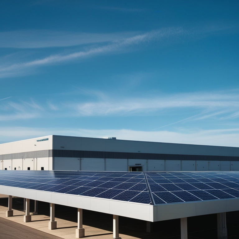 A photorealistic image of a large, flat-roofed commercial building with a sleek, modern solar panel installation, set against a clear blue sky with a few wispy clouds.