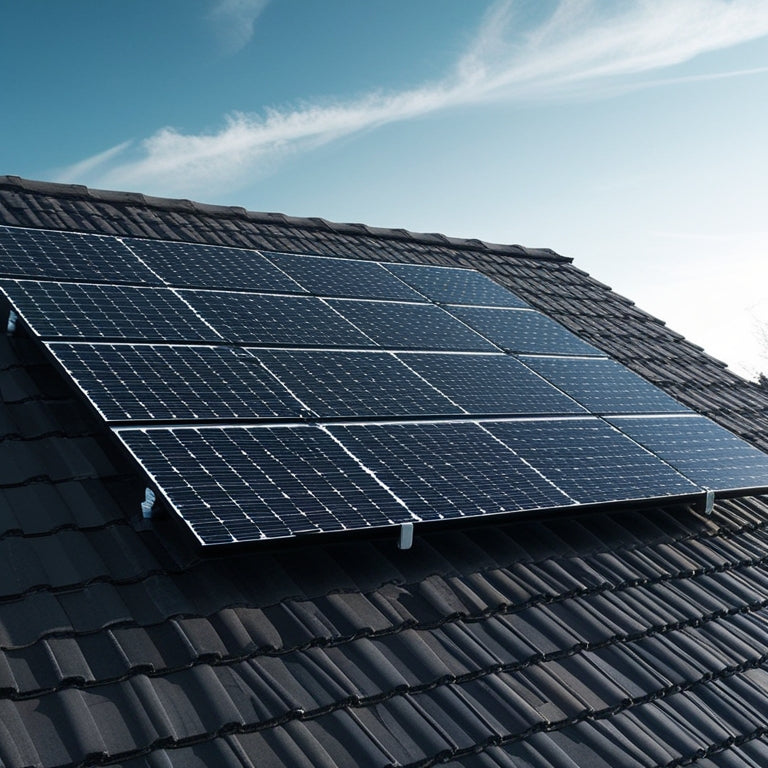 A photorealistic image of a modern residential roof with sleek, black solar panels mounted at an angle, surrounded by neatly trimmed roof tiles and a clear blue sky with a few wispy clouds.