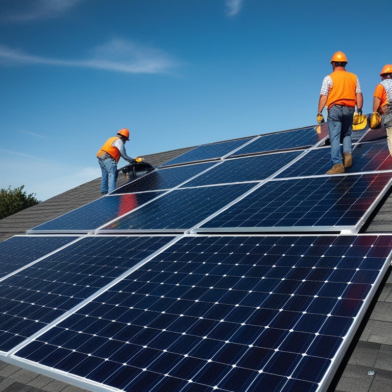 A photorealistic image of a residential roof with solar panels installed, showcasing a mix of dark blue and silver panels, with a few workers in orange vests and hard hats, amidst a clear blue sky.
