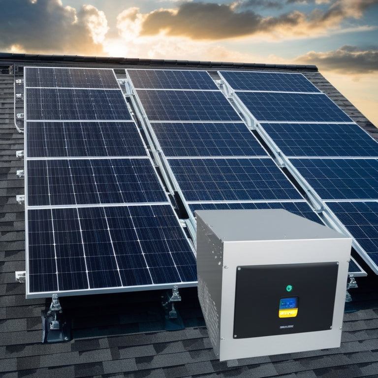 A photorealistic image of a residential rooftop with a newly installed solar panel system, featuring 12 sleek black panels, metallic mounting racks, and a silver inverter box.