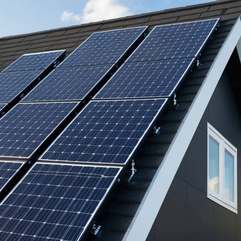 A photorealistic image of a sleek, black-framed solar panel array installed on a modern, sloping rooftop, with a few panels slightly angled to maximize sunlight absorption.