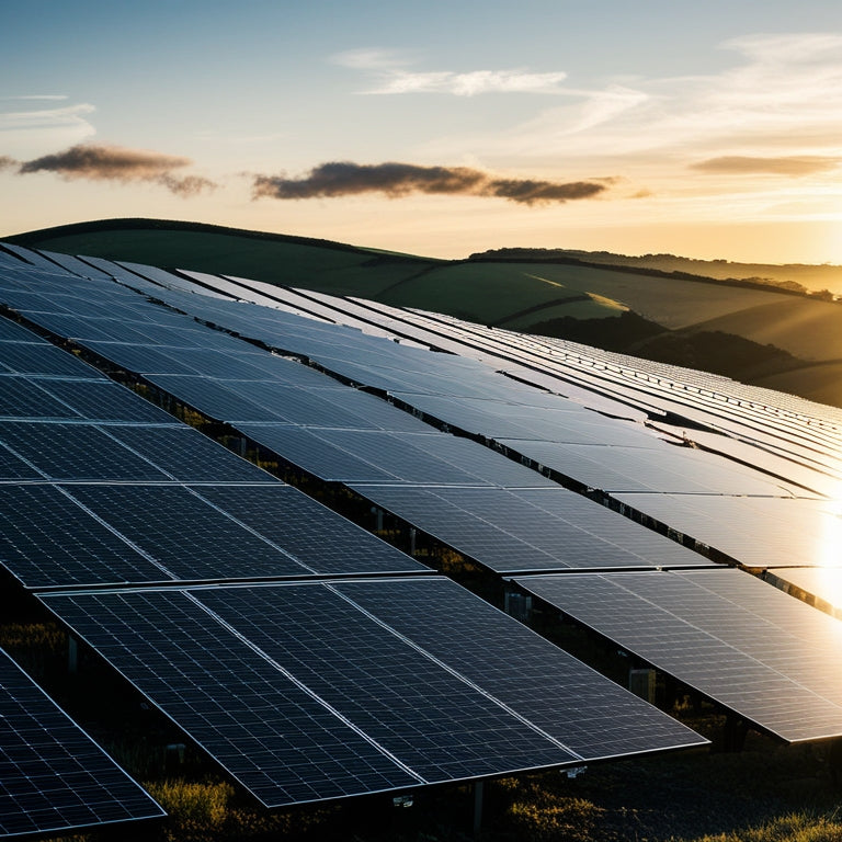 A photorealistic image of a sprawling solar array at sunrise, with rows of sleek black panels angled towards the horizon, surrounded by rolling hills and a few wispy clouds.