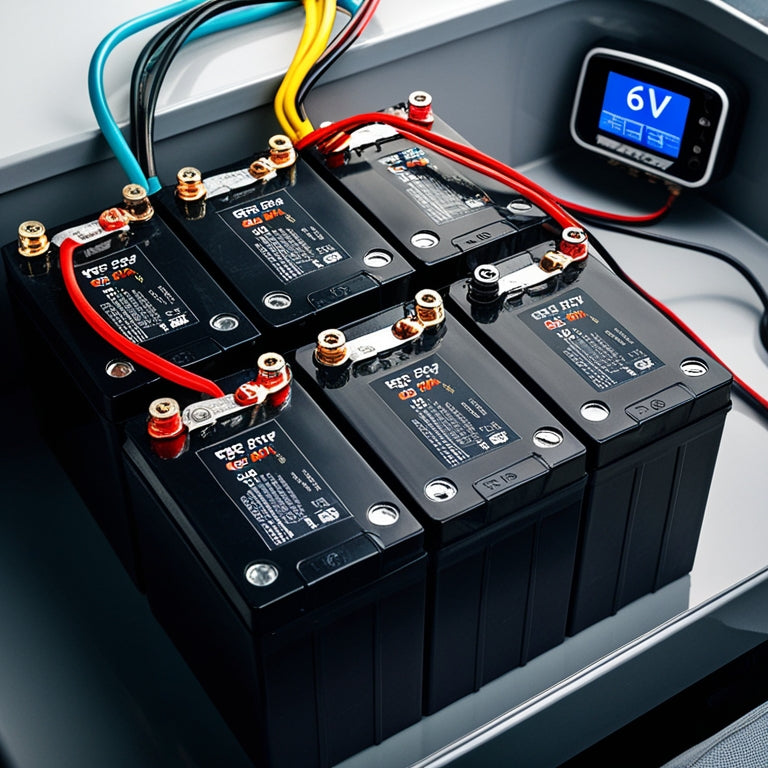 A photorealistic image of a tidy RV battery bank with four 6V deep-cycle batteries, connected in series and parallel, with colorful wires and a sleek battery monitor display.