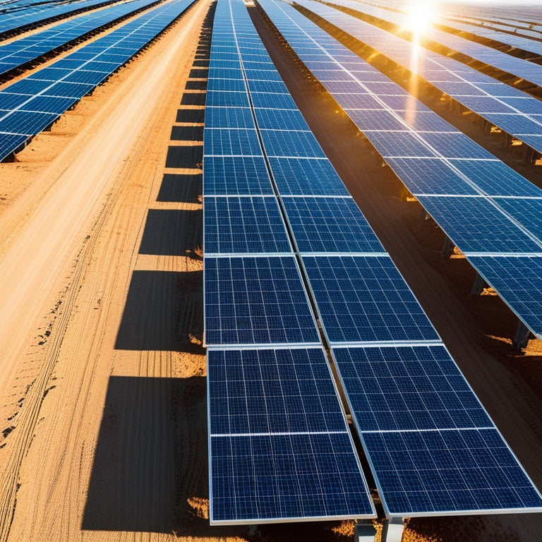 A photorealistic image of a vast, sun-drenched desert landscape with rows of sleek, rectangular solar panels stretching towards the horizon, their reflective surfaces glinting in the bright light.
