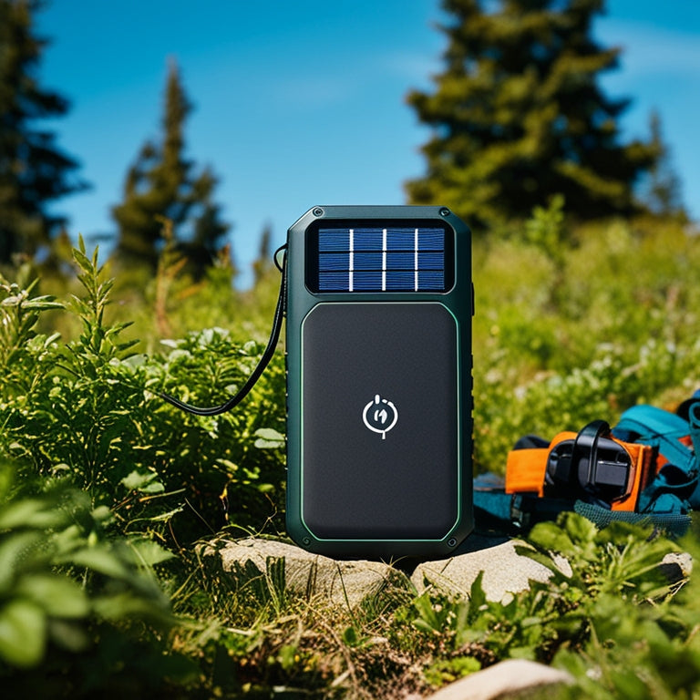 A portable charger with a sleek, compact design, featuring a built-in solar panel on top, surrounded by lush greenery and a few scattered hiking gear, set against a bright blue sky.