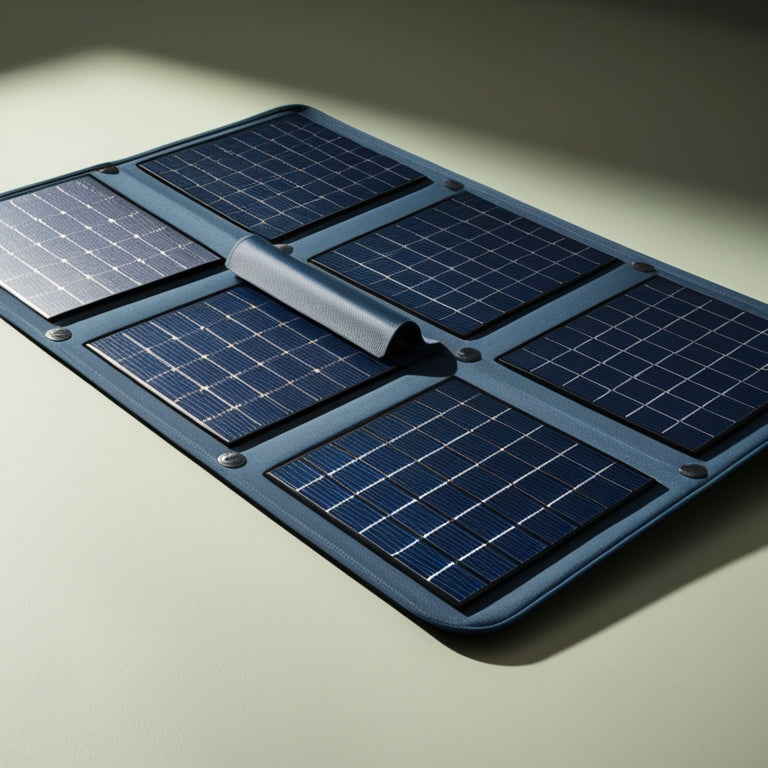 A portable, rectangular mat with a sleek, matte finish, featuring a grid of compact, rectangular solar panels in shades of dark blue and silver, with a subtle, curved fold in the middle.