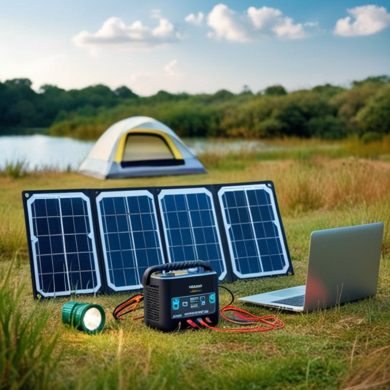 A portable solar power generator set amidst a serene outdoor landscape, with unfolded solar panels, a compact battery, and wires connecting to a laptop and camping lights.