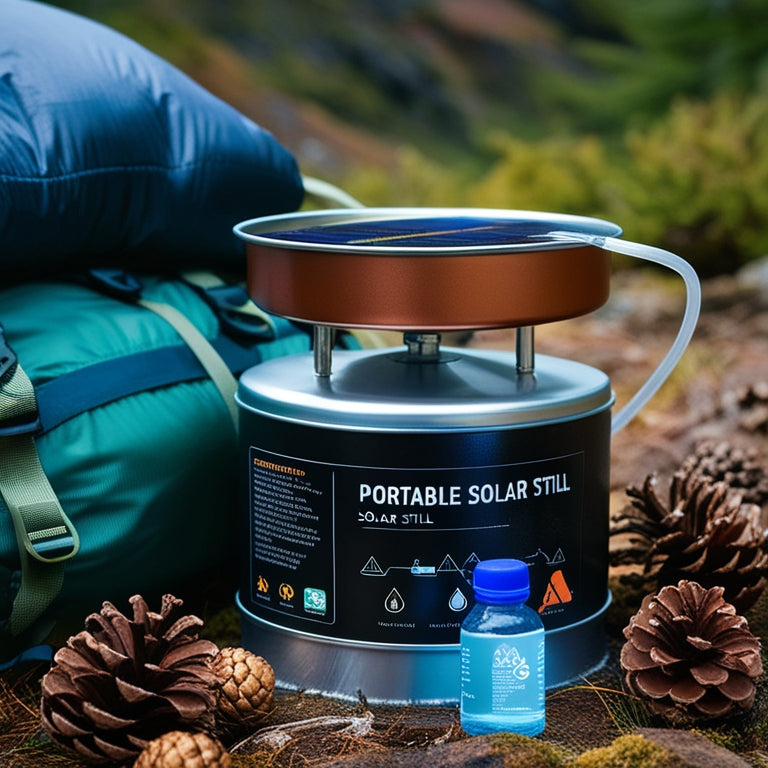 A portable solar still surrounded by wilderness elements: a sleeping bag, backpack, and pinecones, with a condensation-collecting tube and a water bottle in the foreground.