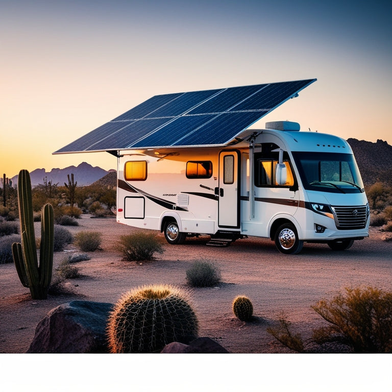 A serene RV parked in a desert landscape at sunset, with three sleek solar panels installed on the roof, angled to capture the fading golden light, surrounded by cacti and rocky outcroppings.