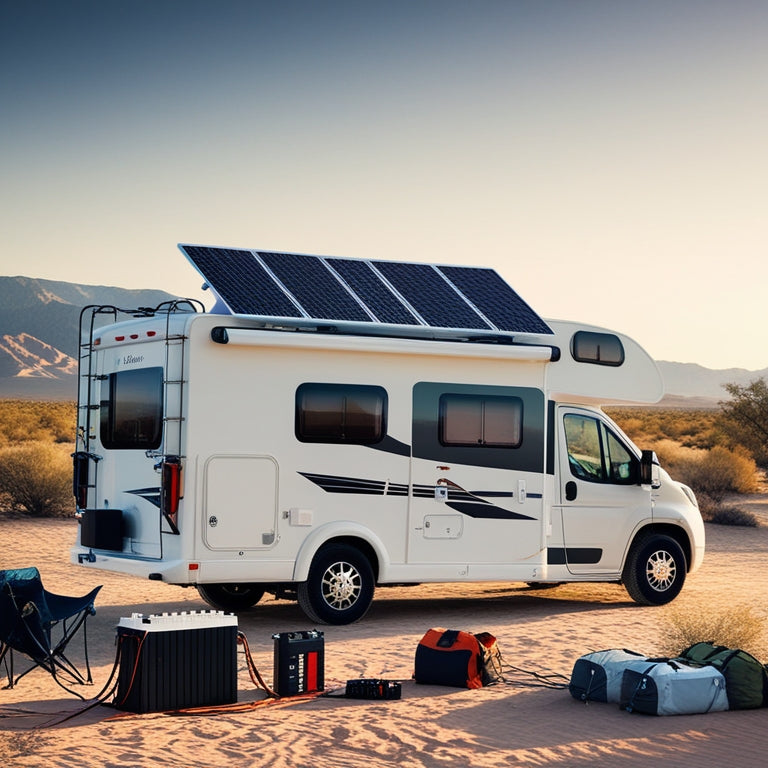 A serene RV parked in a desert landscape with a sleek solar panel kit installed on its roof, connected to a battery and charge controller, surrounded by camping gear and a distant mountain range.