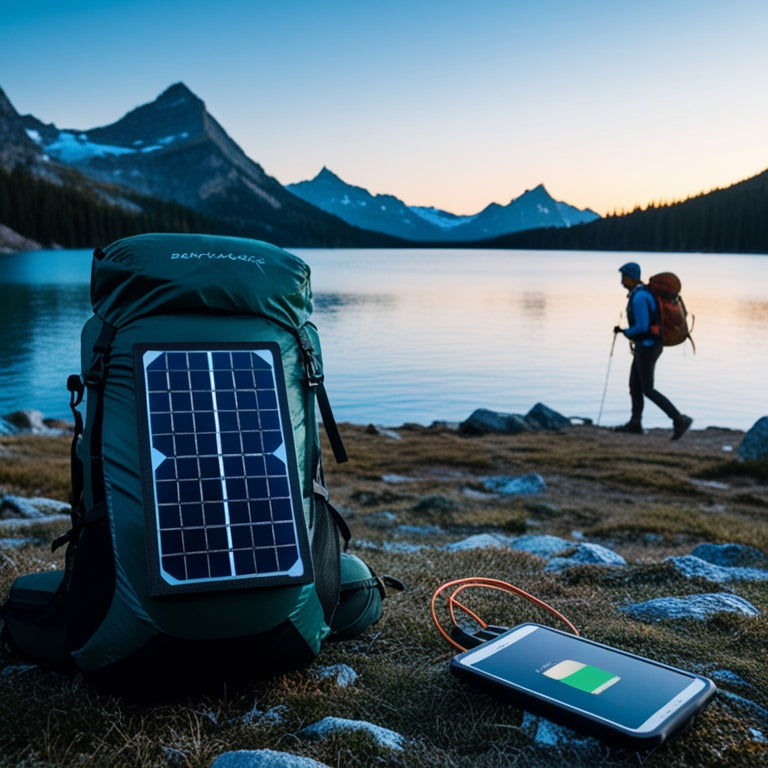 A serene alpine lake at dawn, with a solo backpacker in the distance, their pack adorned with a sleek, flexible solar panel, charging a device in the foreground.