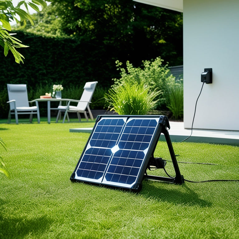 A serene backyard scene with a compact, foldable solar panel array on a lawn, connected to a modern home's outdoor power outlet, amidst lush greenery and a few patio chairs.