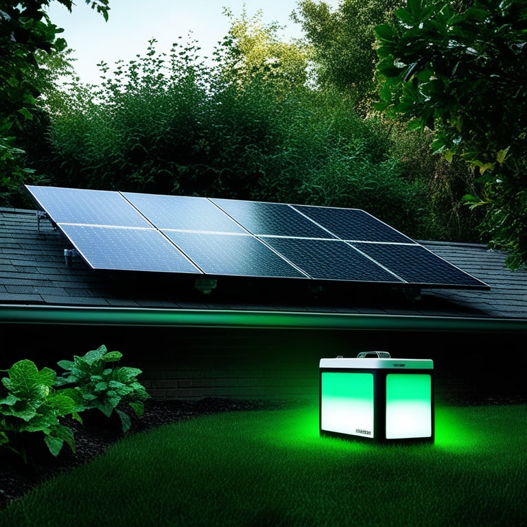 A serene backyard scene with a modern, sleek solar panel array installed on a rooftop, surrounded by lush greenery, with a subtle, glowing green light emanating from a compact generator unit.
