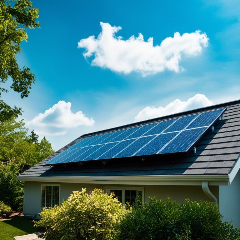 A serene backyard with a modern solar panel array installed on a sloping roof, surrounded by lush greenery and a few fluffy white clouds drifting across a bright blue sky.