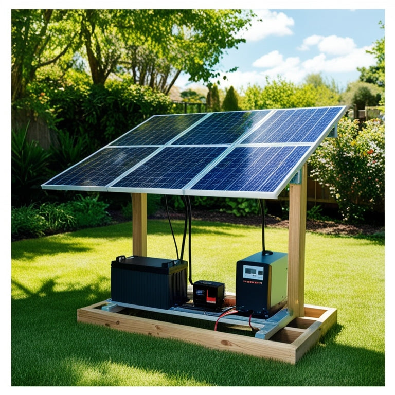 A serene backyard with a small, sleek solar panel array mounted on a wooden frame, connected to a battery bank and inverter, surrounded by lush greenery and a sunny blue sky.