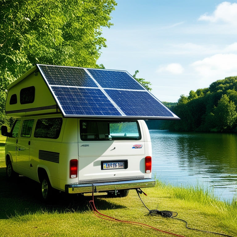 A serene campground scene with a camper van parked beside a lake, surrounded by lush greenery, featuring a sleek solar panel kit installed on the roof, with wires and mounting hardware visible.