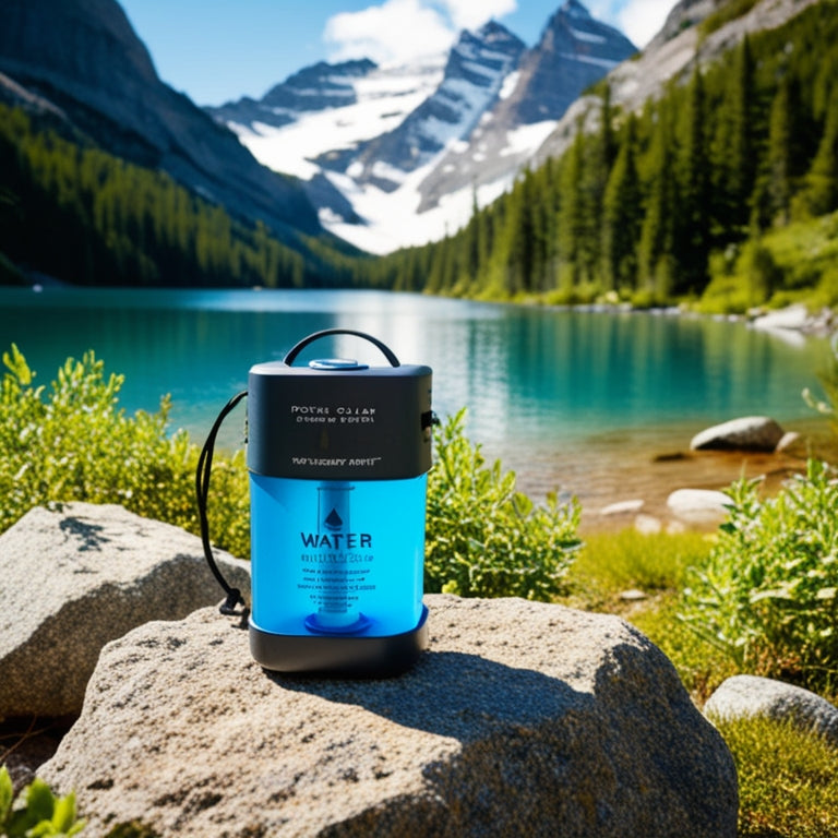 A serene camping scene: a portable solar water purifier sits atop a rocky outcropping, surrounded by lush greenery, with a clear mountain lake and snow-capped peaks in the background.