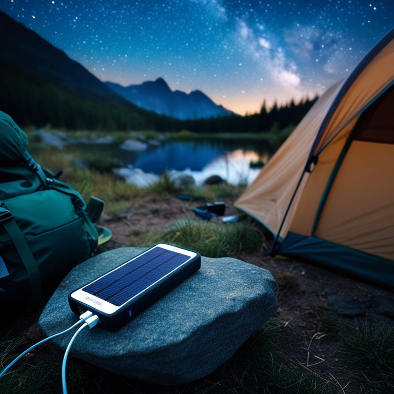 A serene camping scene at dusk: a portable solar power bank charging a smartphone on a rock, surrounded by a tent, backpack, and camping gear, under a starry night sky.