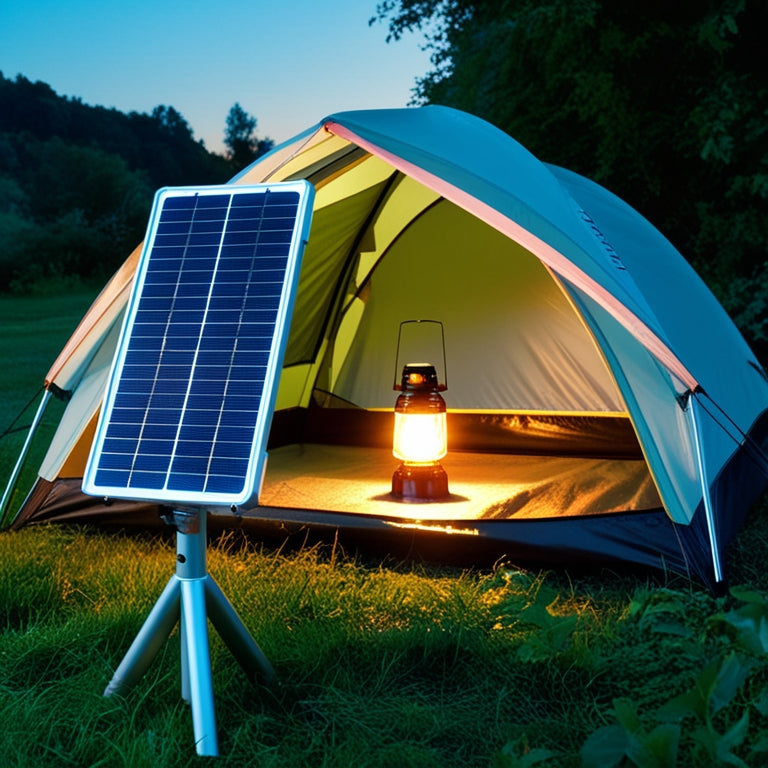 A serene camping scene at dusk: a sleek, silver solar panel on a collapsible stand, powering a glowing lantern inside a spacious, waterproof tent with a reflective lining, surrounded by lush greenery.
