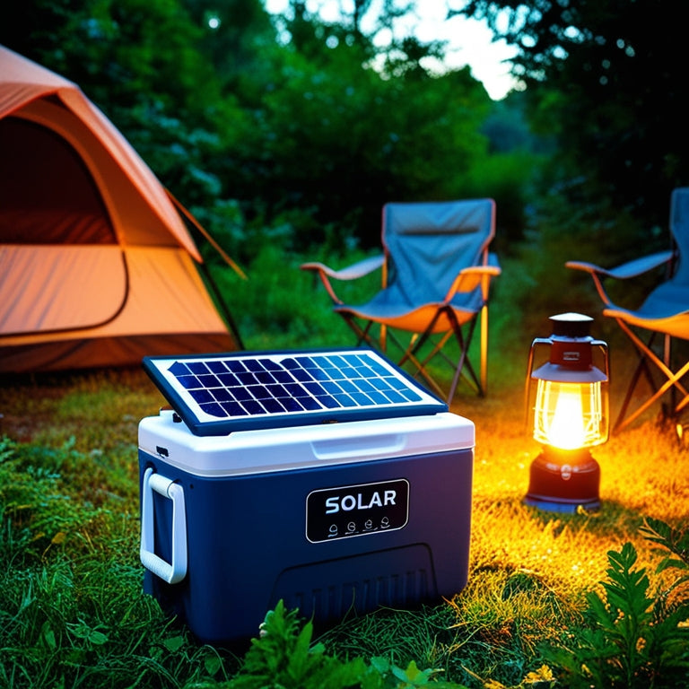A serene camping scene at dusk: a solar panel on a portable cooler, surrounded by lush greenery, with a few camping chairs and a warm glow emanating from a nearby lantern.