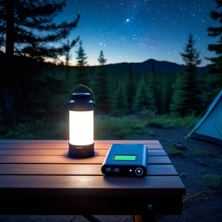 A serene campsite at dusk with a portable battery pack, lantern, and smartphone charging on a wooden table, surrounded by pine trees and a starry night sky.