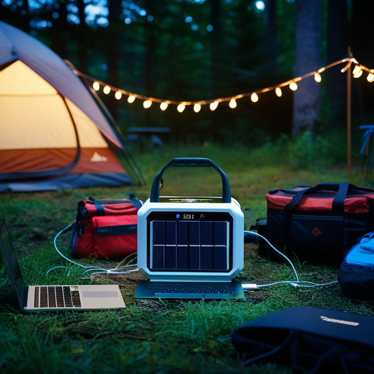 A serene campsite at dusk, with a sleek, compact solar power station in the center, surrounded by camping gear, connected to a laptop and string lights, amidst a lush forest backdrop.