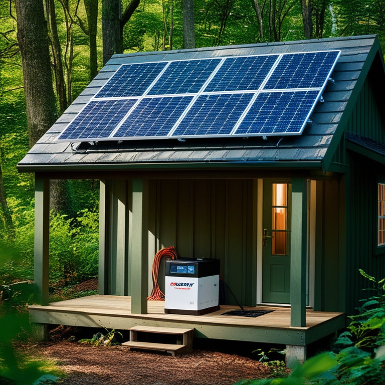 A serene forest cabin surrounded by lush greenery, with a sleek solar panel array on the roof, connected to a compact inverter and battery bank on the porch, with wires neatly organized.