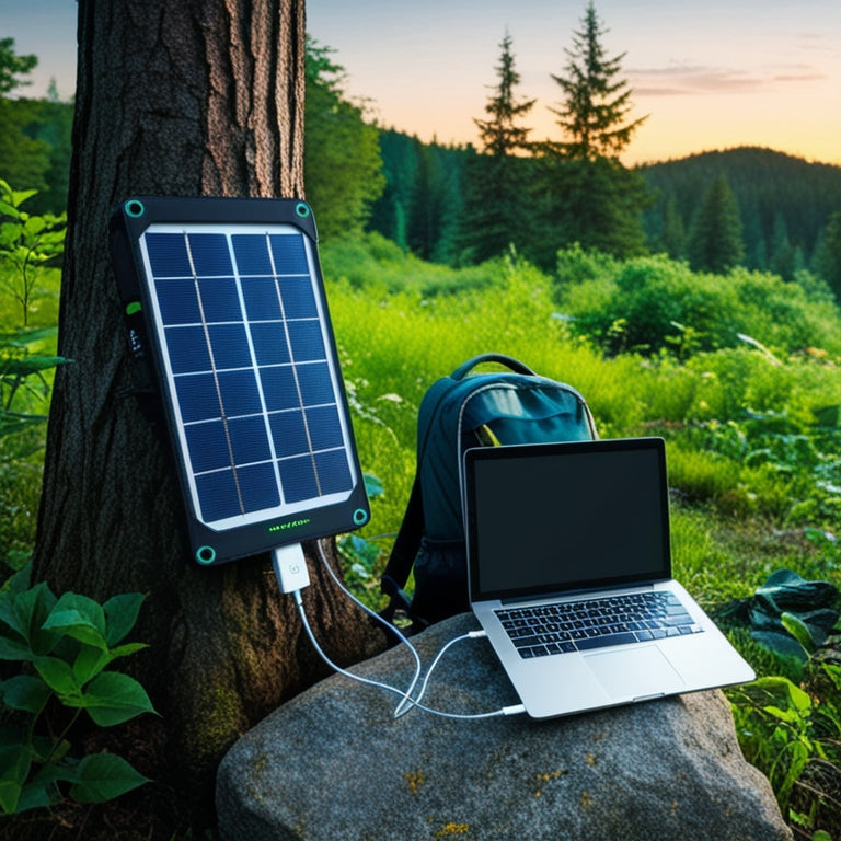 A serene forest campsite at dawn, with a portable solar charger panel propped against a tree, connected to a backpack, and a laptop open on a rock, surrounded by lush greenery.