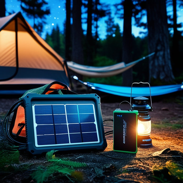 A serene forest campsite at dusk, featuring a portable solar panel charging a sleek battery pack, with a lantern, camping gear, and a hammock in the background, under a starry night sky.