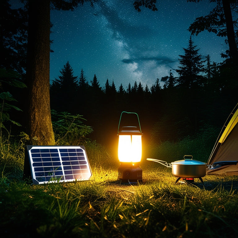 A serene forest campsite at dusk, with a glowing lantern, a portable solar panel, and a sleek camping stove, surrounded by lush greenery and a starry night sky.