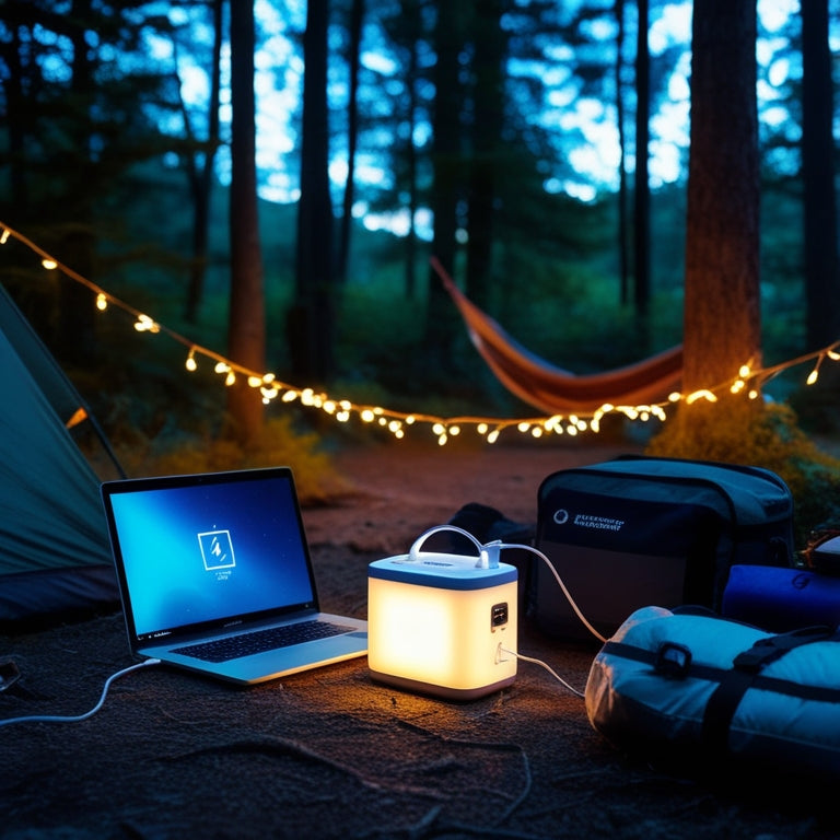A serene forest campsite at dusk, with a glowing portable power station charging a laptop and powering a string of fairy lights, surrounded by camping gear and a hammock.