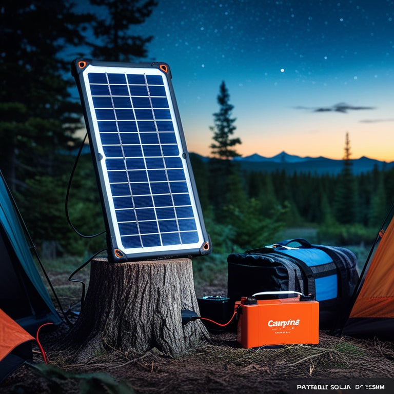 A serene forest campsite at dusk, with a portable solar panel propped on a tree stump, charging a battery, surrounded by camping gear and a distant mountain range under a starry sky.