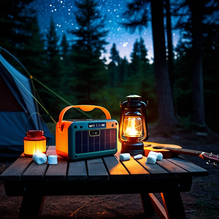 A serene forest campsite at dusk, with a portable solar radio sitting on a wooden camping table, surrounded by a lantern, marshmallows, and a guitar, under a starry night sky.