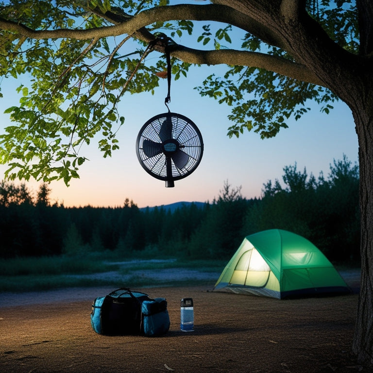 A serene forest campsite at dusk, with a portable solar fan suspended from a tree branch, its gentle breeze rustling the leaves, as a camping tent and gear sit quietly in the background.