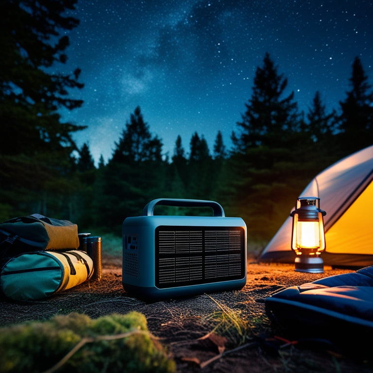 A serene forest campsite at dusk, with a sleek, compact solar generator in the foreground, surrounded by camping gear and a lit lantern, under a starry night sky.