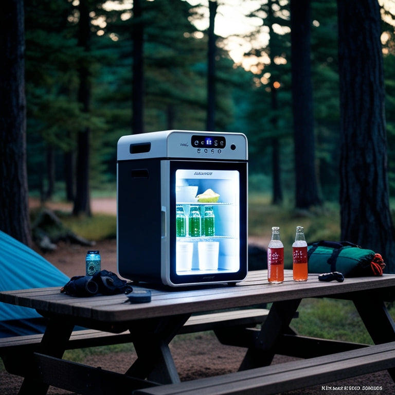 A serene forest campsite at dusk, with a sleek, portable solar-powered refrigerator sitting on a wooden picnic table, surrounded by camping gear and a few cold beverages.