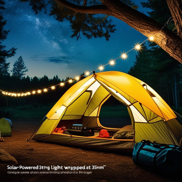 A serene forest campsite at dusk, with a solar-powered string light wrapped around a tree branch, illuminating a tent's interior, surrounded by camping gear and a starry night sky.