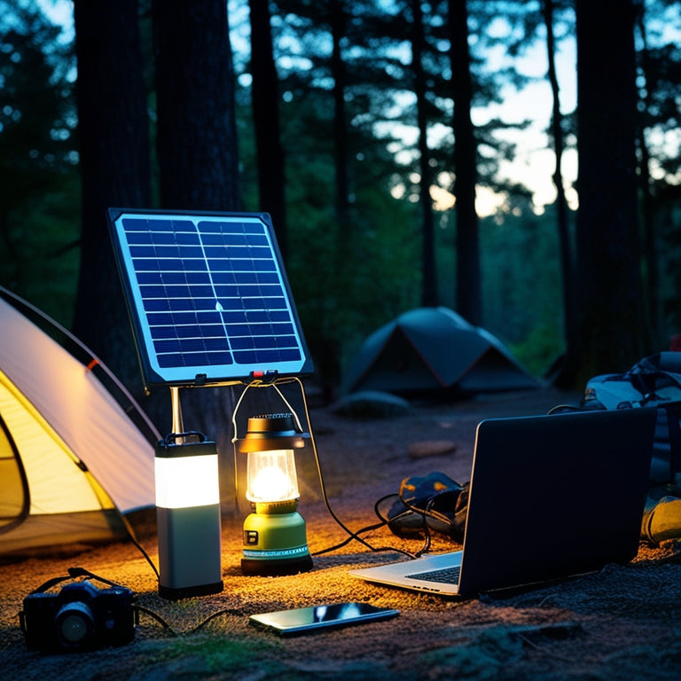 A serene forest campsite at dusk, with a solar panel array on a portable stand, charging a battery pack connected to a lantern and a laptop, surrounded by trees and camping gear.