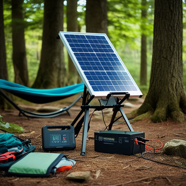 A serene forest campsite with a portable solar panel array propped on a folding stand, charging a battery pack, surrounded by trees, a hammock, and a few scattered camping gear.