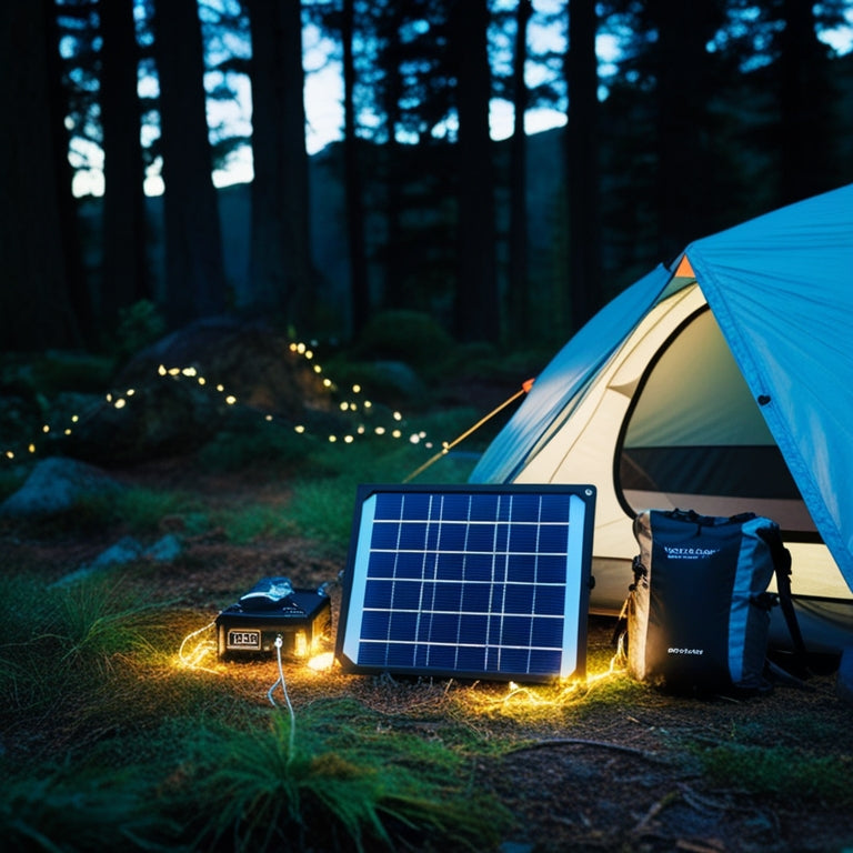 A serene forest landscape at dusk with a portable solar panel and battery pack nestled beside a camping tent, surrounded by hiking gear and a few twinkling string lights.