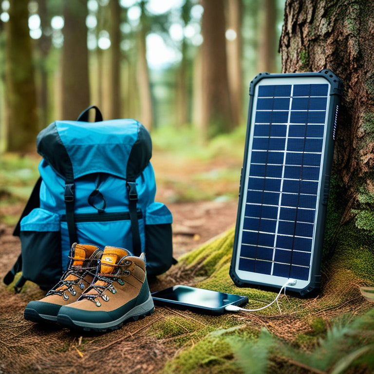 A serene forest scene with a camper's backpack and hiking boots in the foreground, a solar panel propped against a tree, and a smartphone charging on a portable power bank.